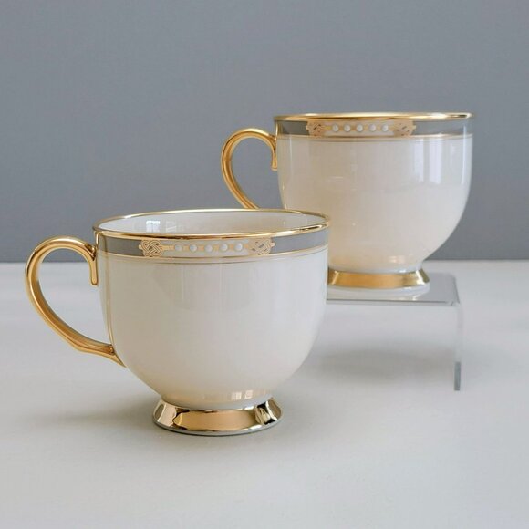 Lenox McKinley Teacup Set of 2 Presidential Ivory Color Gray Band Heavy Gold USA